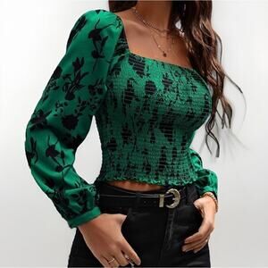 Women's Romantic Summer Long Sleeve Frenchy Floral Print Lantern Sleeve Blouse S
